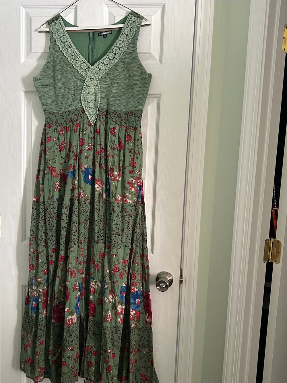 The pyramid collection Olive Green Floral Maxi Dress with Crochet V-Neck